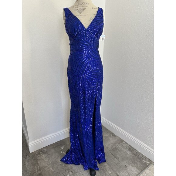 NWT City Studio Ball Gown Sequin Slit Low Back Maxi Dress Size 11 Royal Blue - Picture 4 of 10